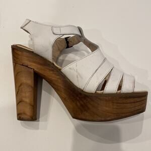 Destroy Women’s Wood Platform Heels White Leather Upper Sz 10 Spanish Y2K 90’s
